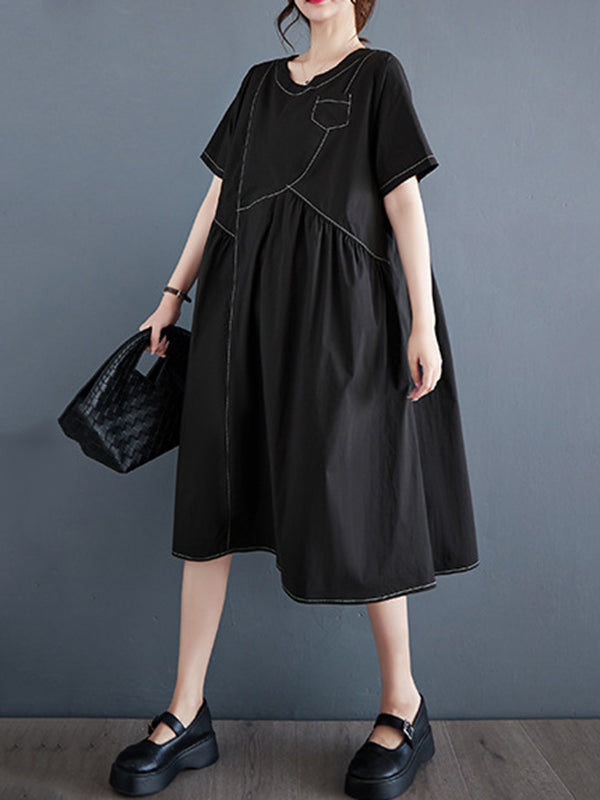 A-Line Loose Asymmetric Pleated Pockets Solid Color Split-Joint Round-Neck Midi Dresses