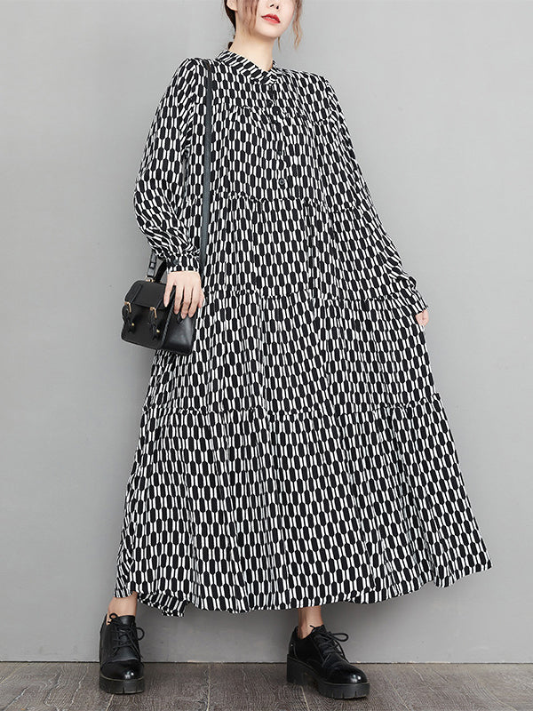 Casual Long Sleeves Loose Buttoned Contrast Color Printed Split-Joint Stand Collar Midi Dresses