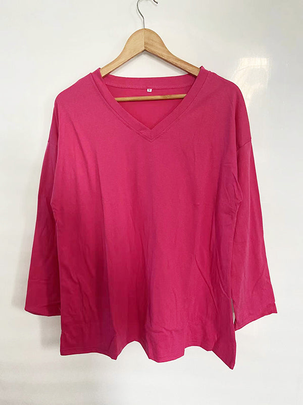 Long Sleeves Loose See-Through Solid Color Split-Joint V-Neck T-Shirts