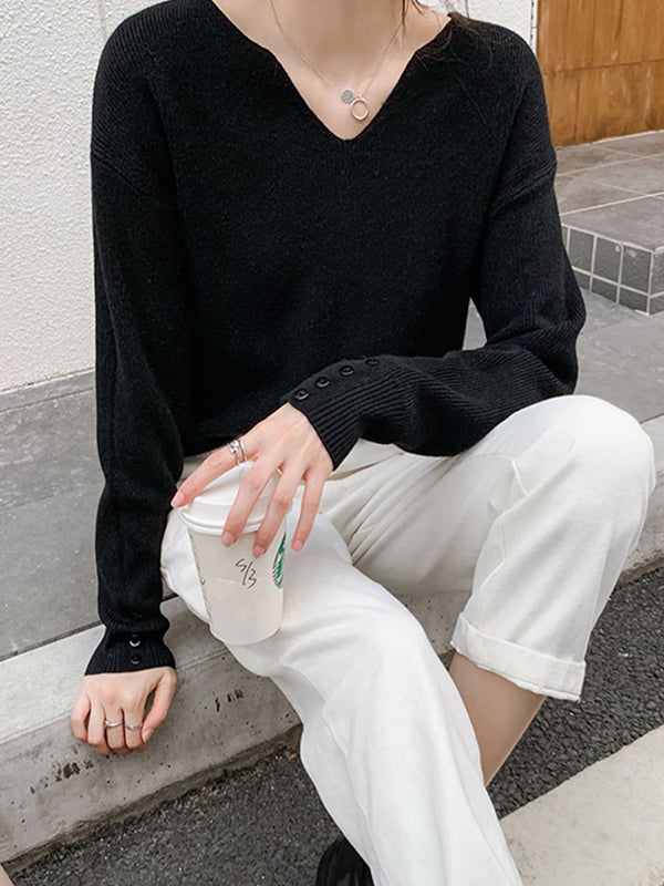 Casual Loose Long Sleeves Solid Color V-Neck Sweater Tops