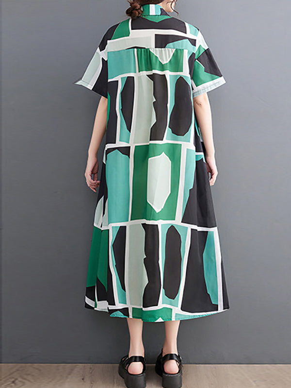 Loose Oversize Color-Block Printed Lapel Midi Dresses Shirt Dress