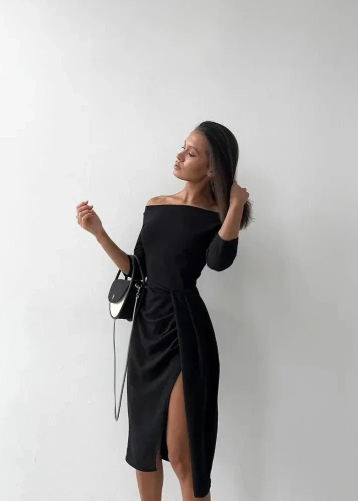 Elegant Off-Shoulder Slit Dress - Long Sleeve Waist Tie