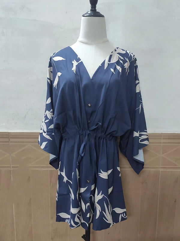 Original Loose Floral Printed Contrast Color Tied Buttoned Mini Shirt Dress