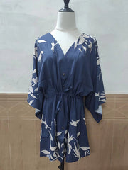 Original Loose Floral Printed Contrast Color Tied Buttoned Mini Shirt Dress