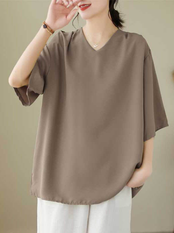 Loose Short Sleeves Solid Color V-Neck T-Shirts