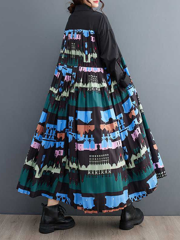 A-Line Long Sleeves Buttoned Pleated Printed Split-Joint Lapel Midi Dresses