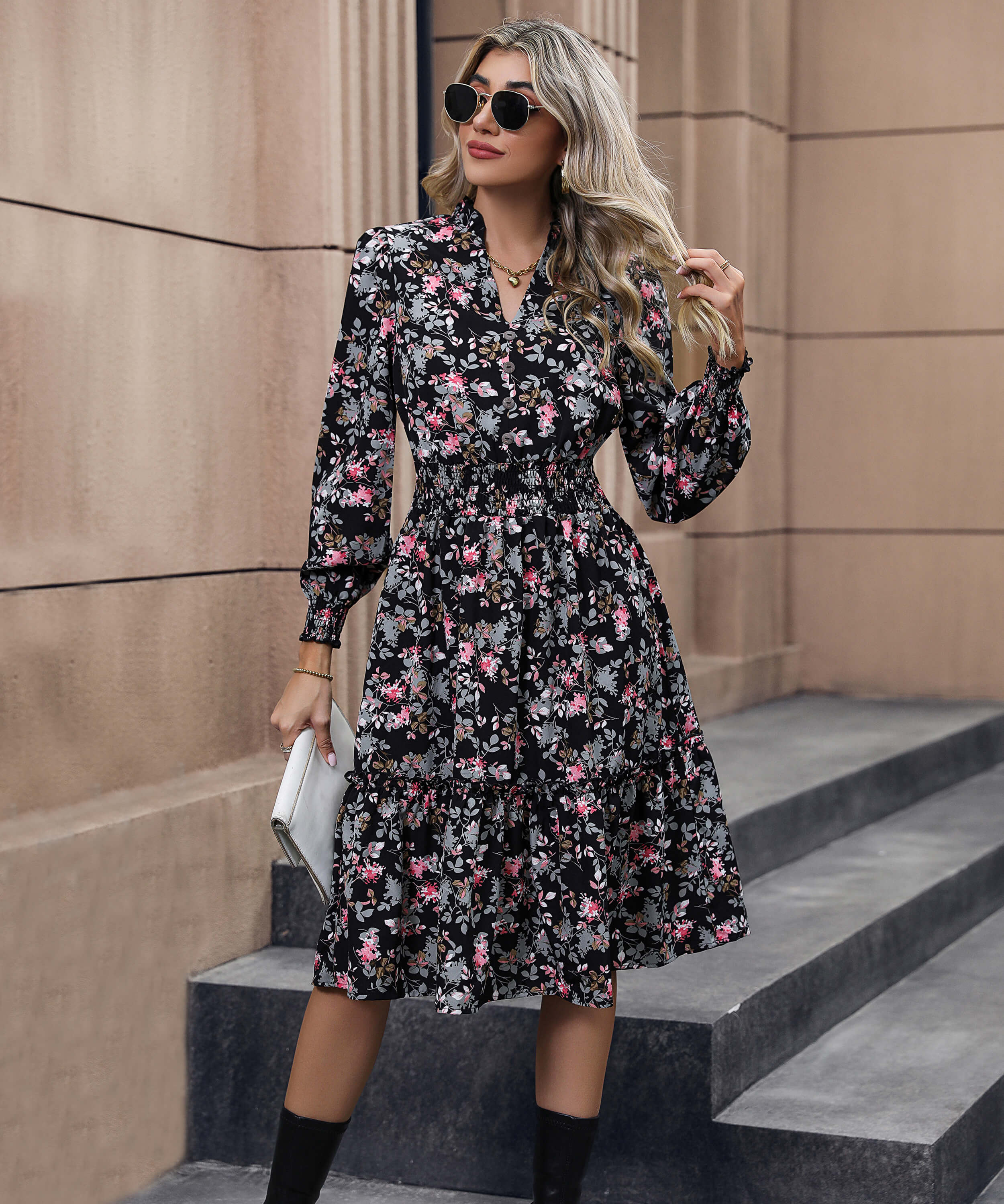 Madeira Floral Midi Dress - Black