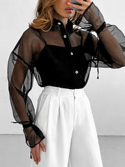 Long Sleeves Loose Buttoned Drawstring See-Through Lapel Blouses&Shirts Tops