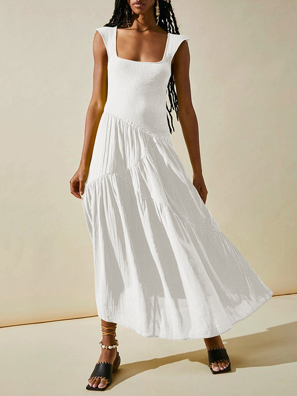 Loose Sleeveless Backless Elasticity Lace-Up Pleated Solid Color Split-Joint Square-Neck Maxi Dresses