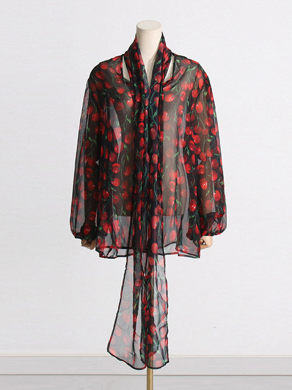 Long Sleeves Loose Flower Print See-Through Shawl Collar Blouses&shirts Tops