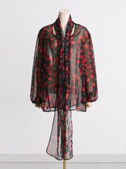 Long Sleeves Loose Flower Print See-Through Shawl Collar Blouses&shirts Tops