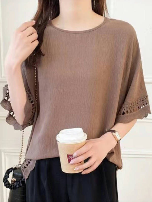 Flared Sleeves Half Sleeves Hollow Solid Color Round-Neck T-Shirts Tops