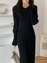 Simple Long Sleeves Black Split-Joint Elasticity Waist Pleated Midi Dress