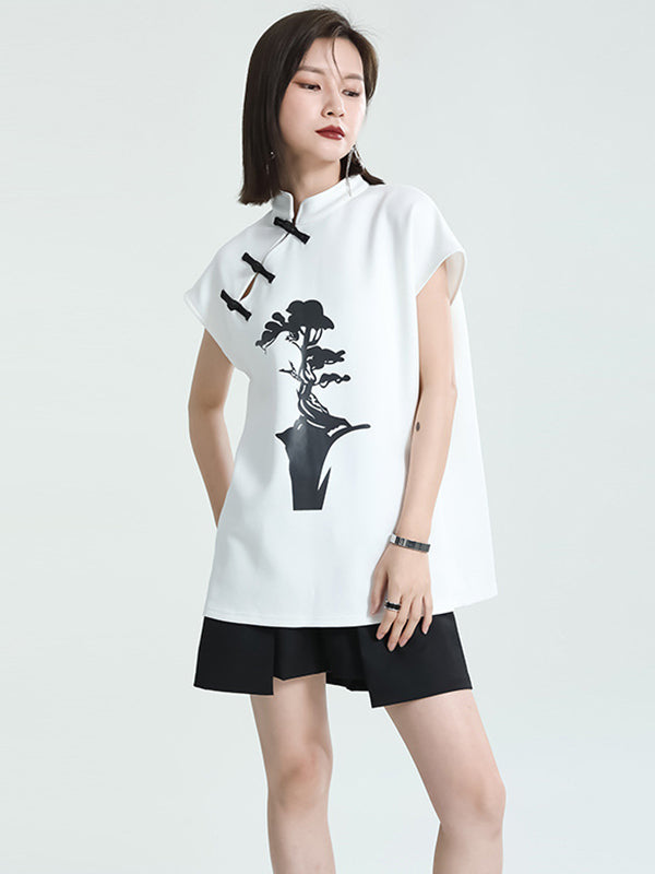 Original Stylish Printed Buttoned Stand Collar T-Shirt Top