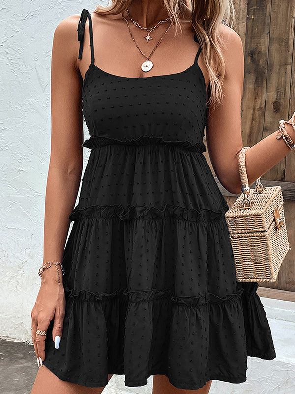 A-Line High Waisted Backless Jacquard Solid Color Split-Joint Tied U-Neck Mini Dresses Slip Dress