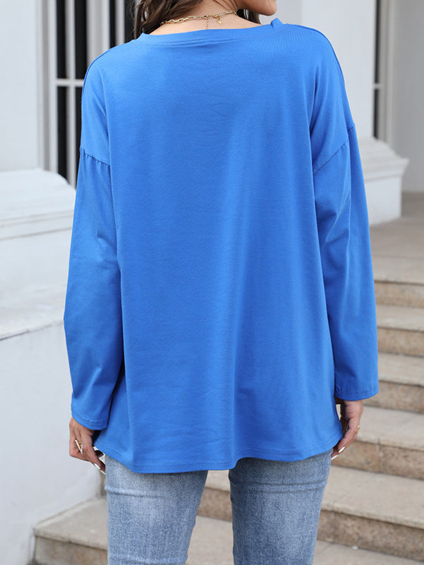 Long Sleeves Loose See-Through Solid Color Split-Joint V-Neck T-Shirts