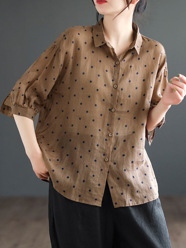 Half Sleeves Loose Polka-Dot Lapel Blouses&Shirts Tops