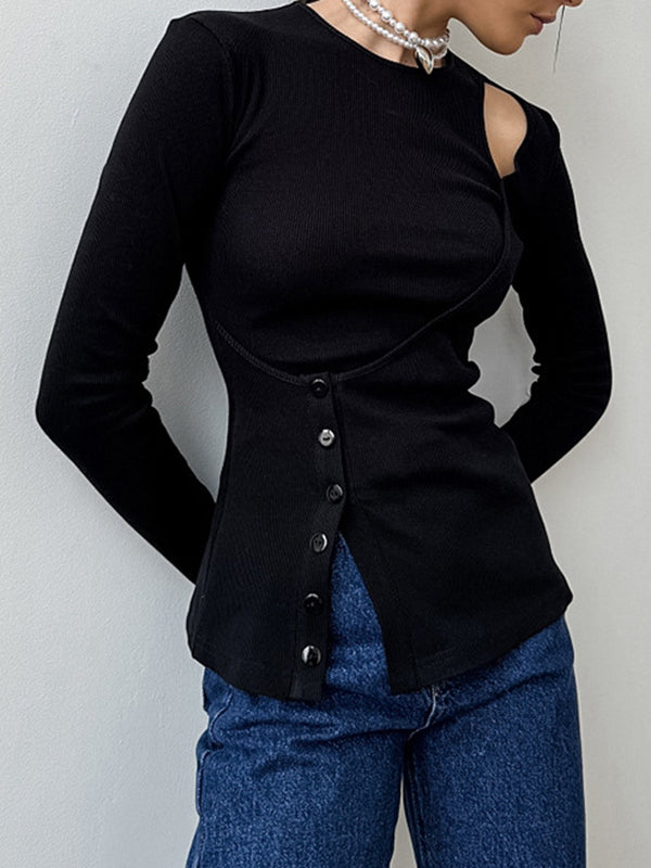 False Two Long Sleeves Asymmetric Buttoned Hollow Solid Color Split-Joint Round-Neck T-Shirts Tops