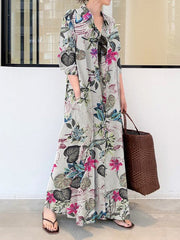 Loose Plus Size Printed Split-Joint Lapel Maxi Dresses Shirt Dress