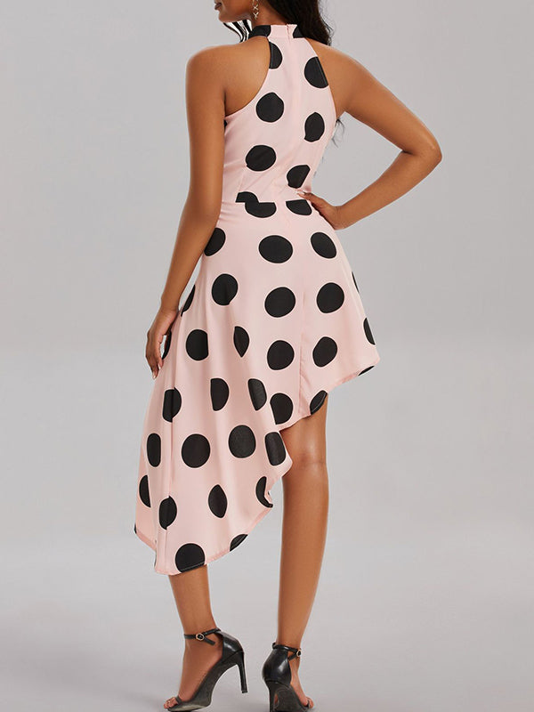 Loose Sleeveless Asymmetric Polka-Dot Halter-Neck Midi Dresses