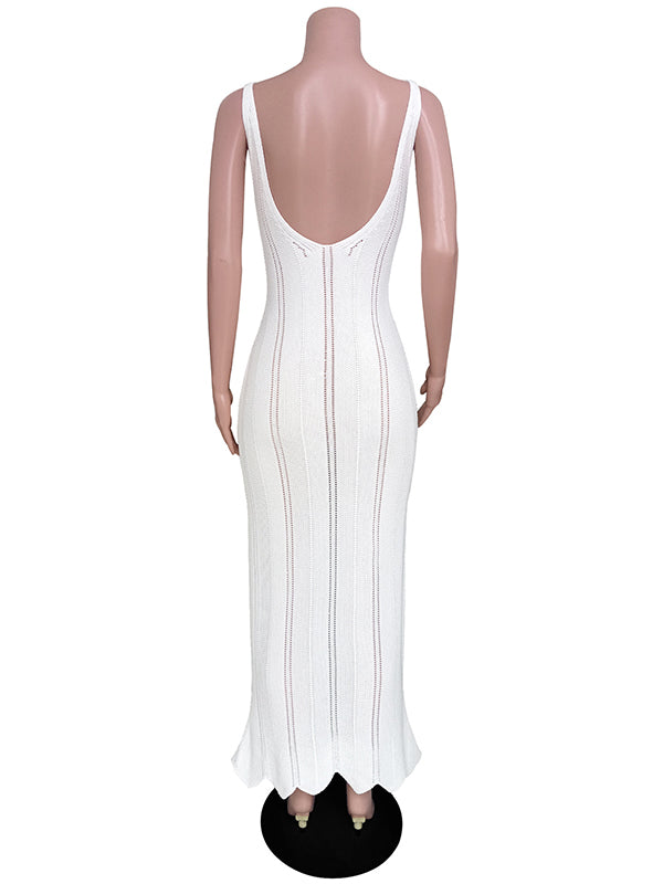 Skinny Sleeveless Backless Hollow See-Through Solid Color Split-Joint Wide Straps Maxi Dresses