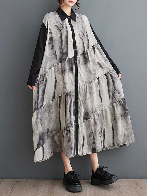 A-Line Long Sleeves Buttoned Printed Split-Joint Wash Painting Lapel Midi Dresses Shirt Dress