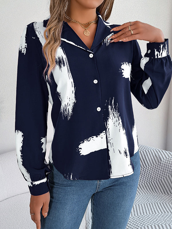 Long Sleeves Loose Buttoned Printed Notched Collar Blouses&Shirts Tops