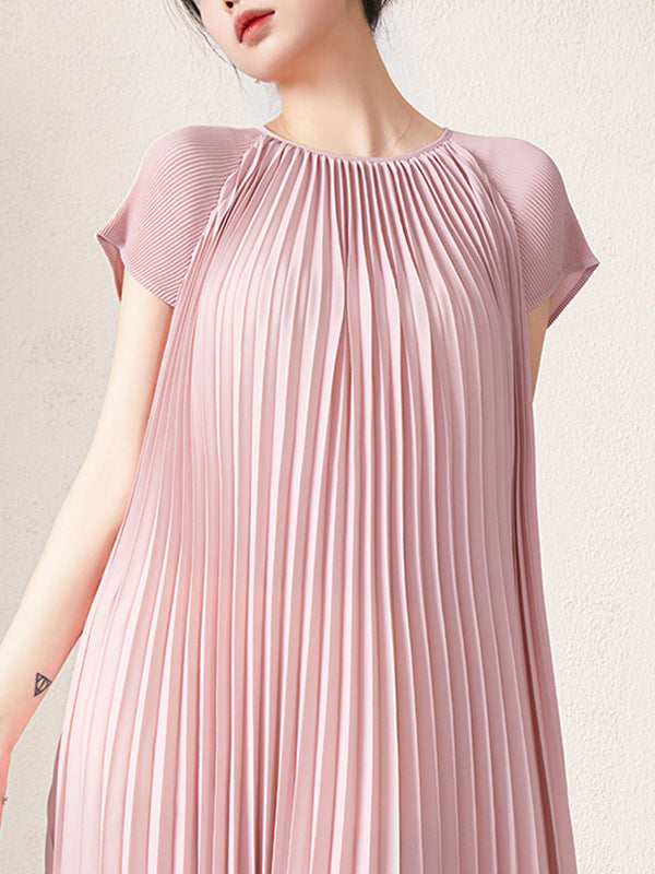 Urban Loose Pleated Solid Color Round-Neck Mini Dresses