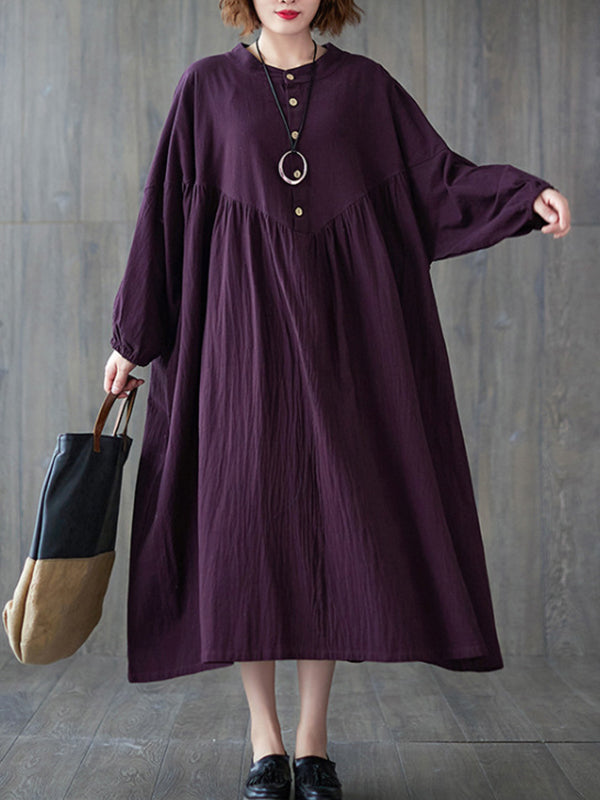 Loose Puff Sleeves Pleated Solid Color Stand Collar Midi Dresses