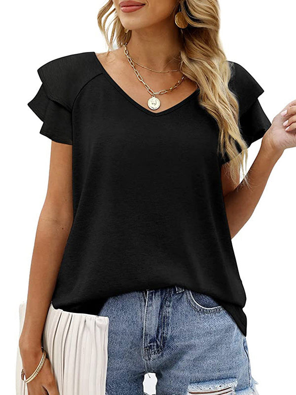 Casual Short Sleeves Falbala Solid Color V-Neck T-Shirts Tops