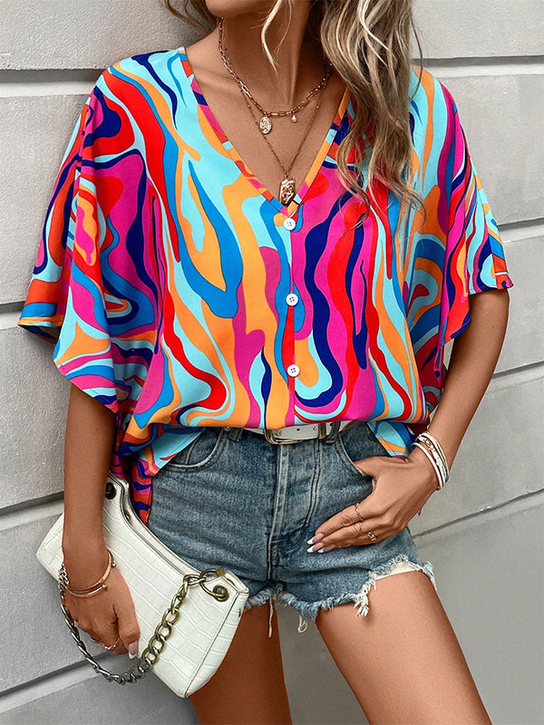 Batwing Sleeves Loose Buttoned Printed V-Neck Blouses&Shirts Tops