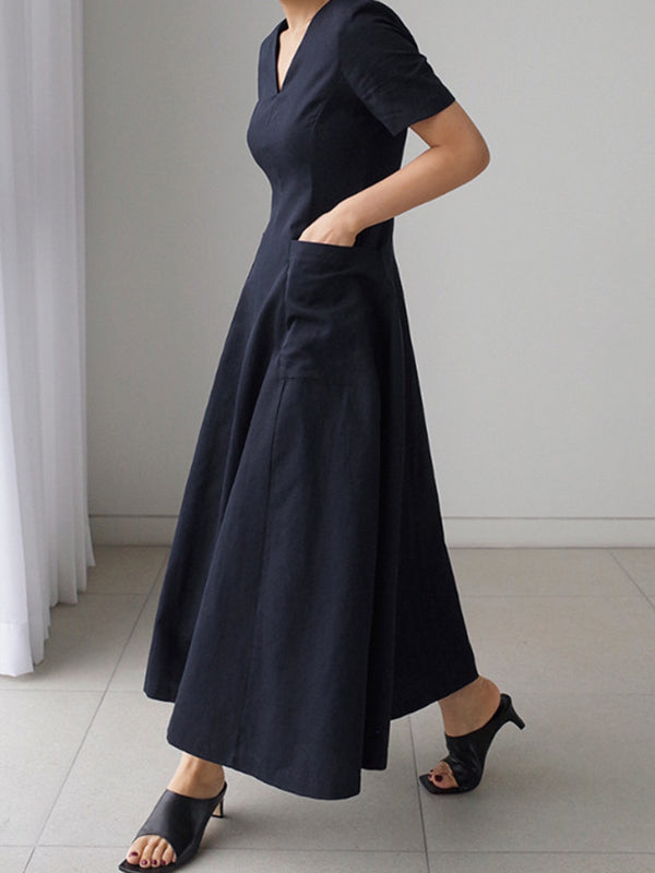 Simple Casual Solid Color Pleated Midi Dress