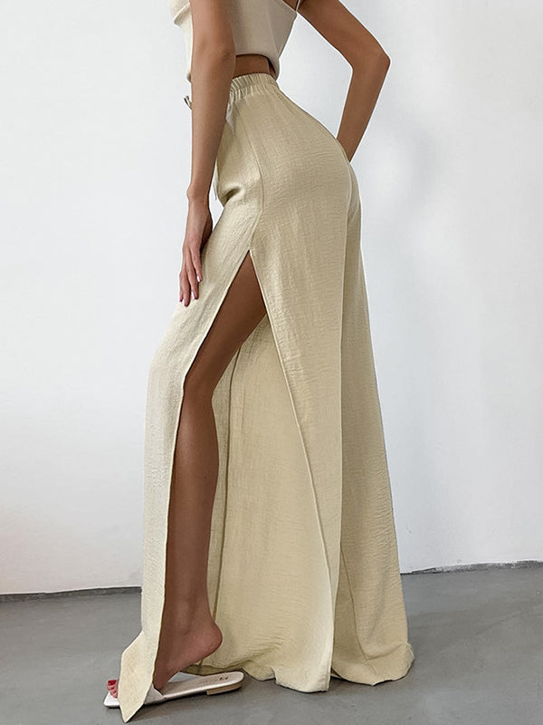 High Waisted Loose Drawstring Elasticity Solid Color Split-side Pants Trousers