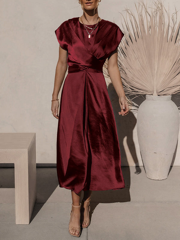 Loose Short Sleeves Solid Color Split-Joint Tied Waist Round-Neck Midi Dresses