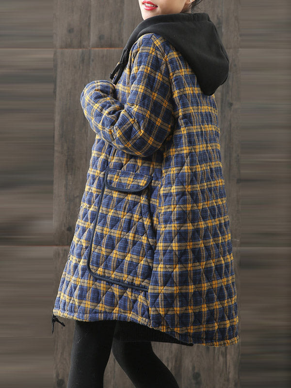 Vintage Loose Plaid Quilted Hooded Padded Coat