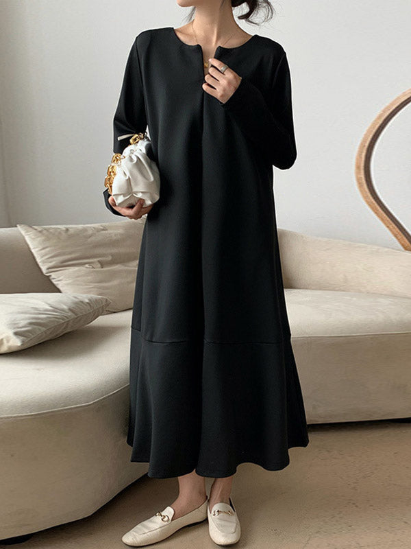 A-Line Long Sleeves Hollow Solid Color V-Neck Midi Dresses