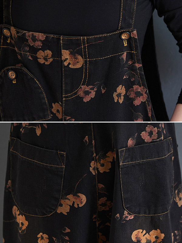 Original Floral With Pocket Harem Denim Overalls