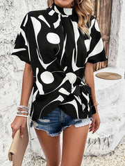 Half Sleeves Loose Asymmetric Pleated Printed Tied Mock Neck Blouses&Shirts Tops