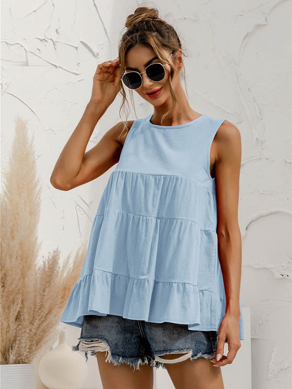 Casual Loose Sleeveless Split-Joint Solid Color Round-Neck Vest Top