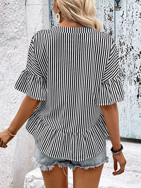 Loose Raglan Sleeve Asymmetric Falbala Pleated Split-Joint Striped Tiered V-Neck Blouses&Shirts Tops