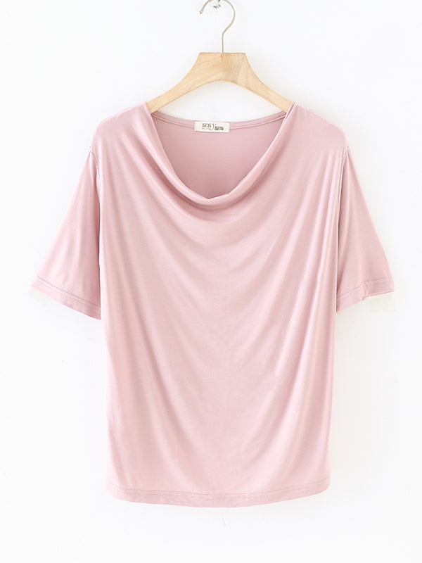 Short Sleeves Pleated Solid Color Heaps Collar T-Shirts Tops