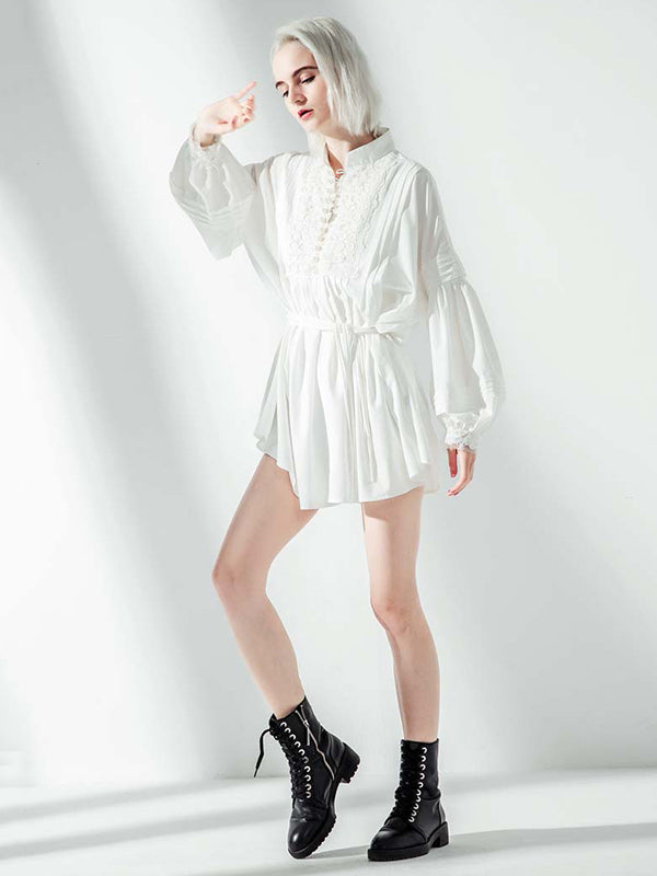 Vacation Long Sleeves Puff Sleeves Embroidered Solid Color Stand Collar Mini Dresses