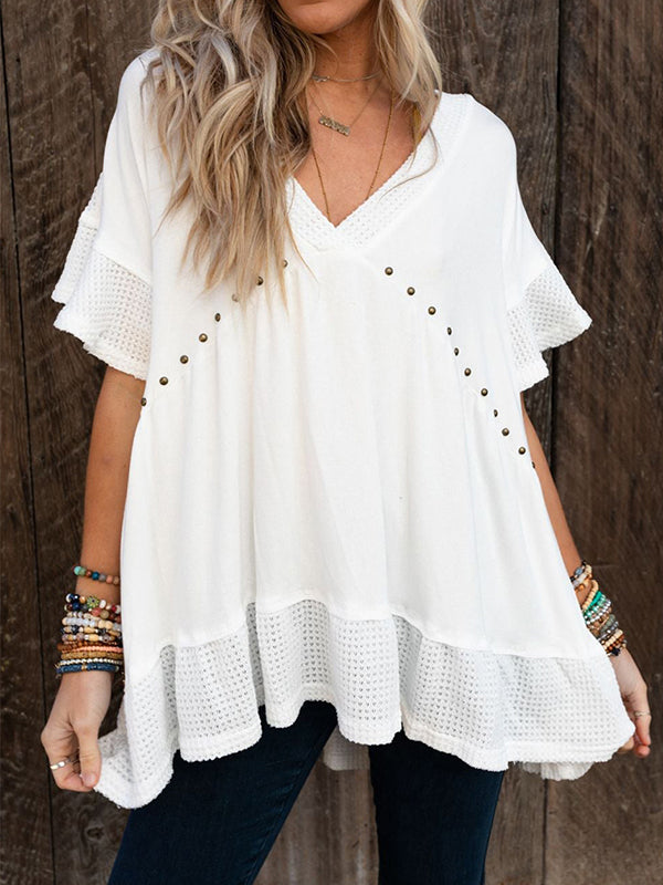 Batwing Sleeves High-Low Buttoned Split-Joint V-Neck T-Shirts Tops