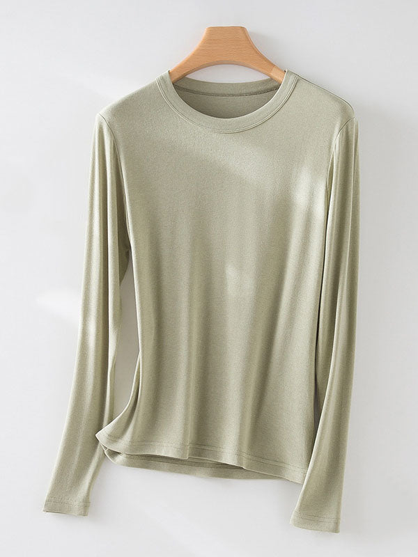 Long Sleeves Solid Color Round-Neck Skinny T-Shirts Tops