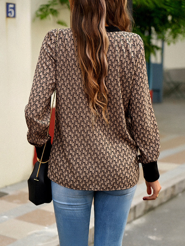 Long Sleeves Loose Printed Split-Joint V-Neck Blouses&Shirts Tops