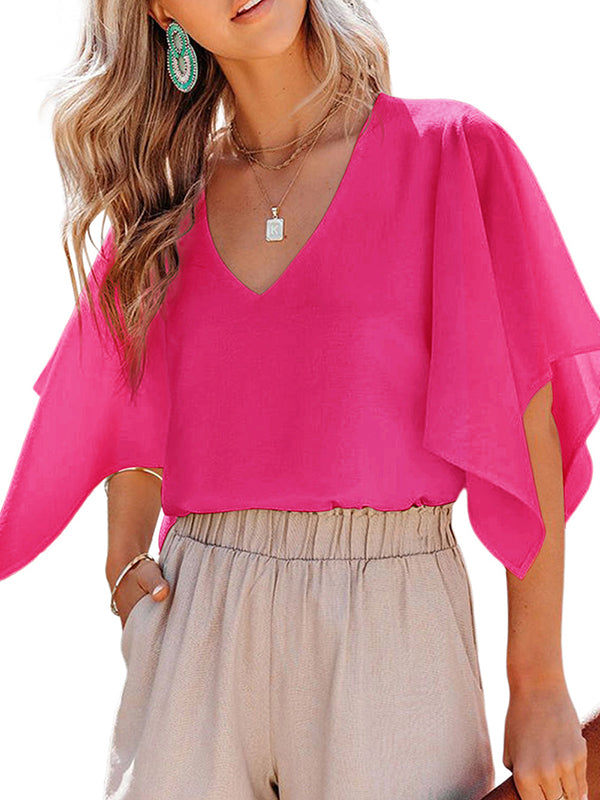 Flared Sleeves Falbala Solid Color V-Neck T-Shirts Tops