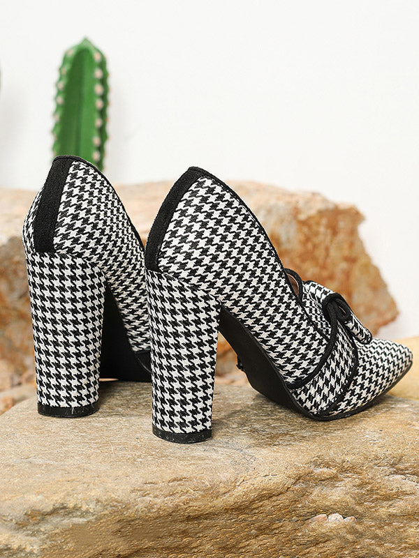 Bowknot Houndstooth Pointed-Toe Split-Joint Pumps