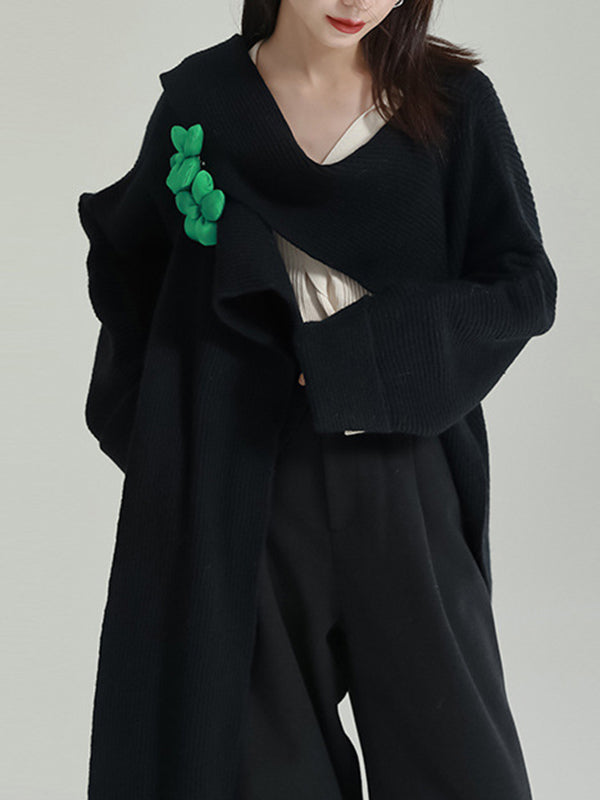 High-Low Long Sleeves Asymmetric Three-Dimensional Flower Round-Neck Cardigan Tops