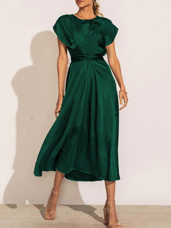 Loose Short Sleeves Solid Color Split-Joint Tied Waist Round-Neck Midi Dresses