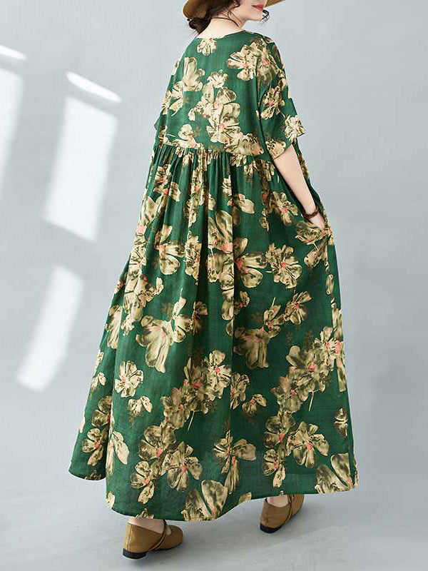 Half Sleeves Loose Flower Print Pleated Pockets Round-neck Midi Dresses